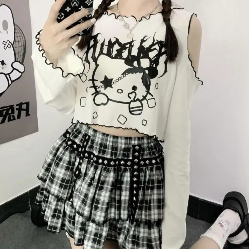 Japanese Harajuku T-shirt rebellious Hellokitty ghost girl age reduction Y2K style short-sleeved T-shirt millennium sexy sweet w