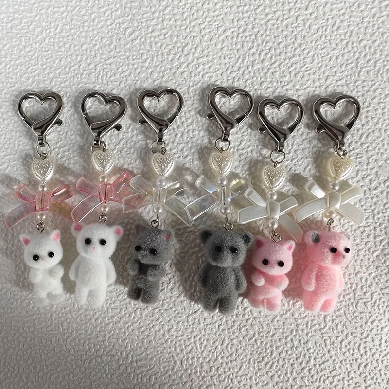 Kawaii 3D Flocking Cat Keychain Cute Cartoon Bowknot Cat Key Holder Keyring Bag Pendant Backpack Hanging Decoration