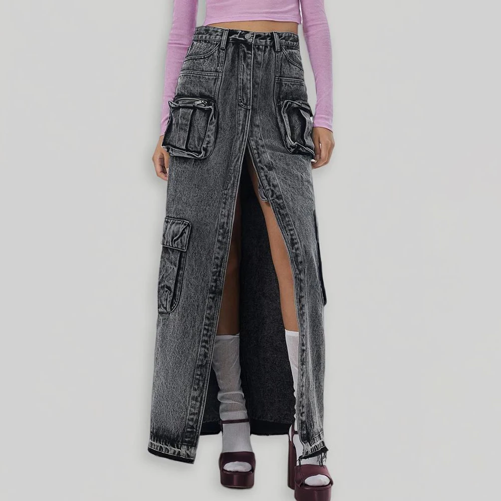 

Streetwear Solid Split Denim Skirts For Women High Waist Patchwork Pockets Casual Vintage Fashion Midi Skirt Female 2024