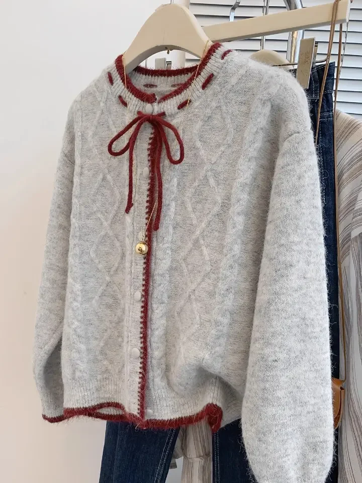 Lente Herfst Nieuwe Grijze Strik Gebreide Trui Dames Contrast Koreaanse Korte Jas Ronde Hals Elegante Single-breasted Vest Top