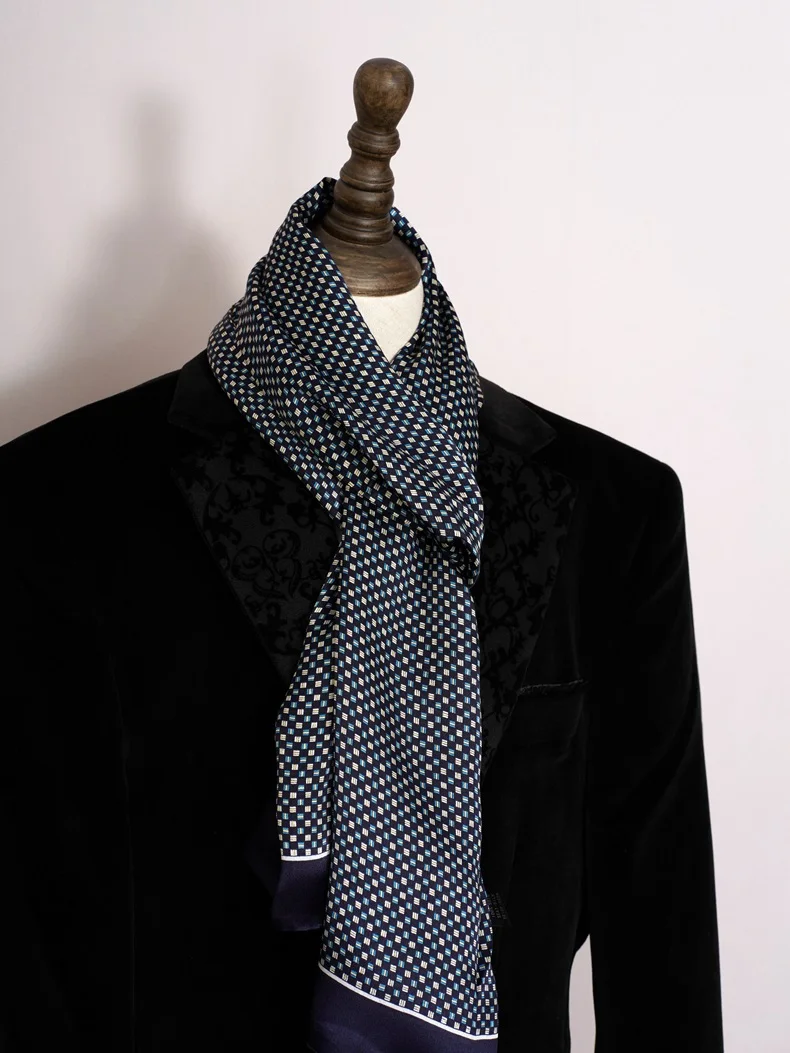 Men's 100 Silk Scarf Double Layer Long Neckerchief Wedding Business Suit Cravat Blue Brown