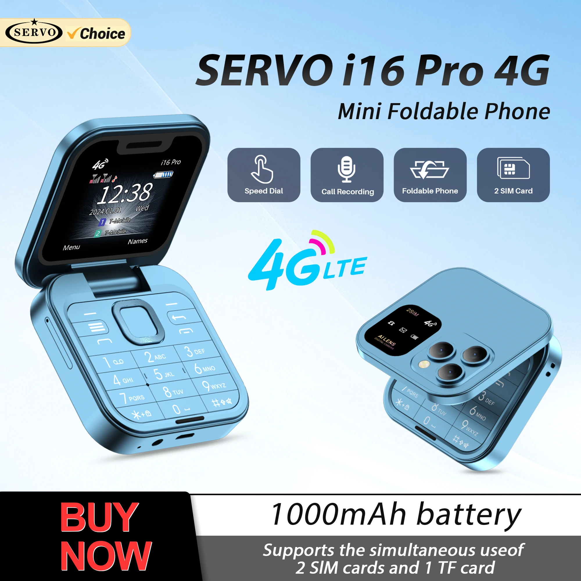 SERVO i16 Pro Mini Flip Mobile Phone 4G LTE Call Recording Speed Dial Rear Camera Video Player FM Dual SIM Fold Feature Phones