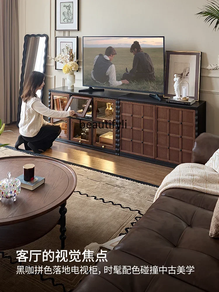 

zq1French medieval solid wood TV module combination display lattice cabinet storage floor cabinet