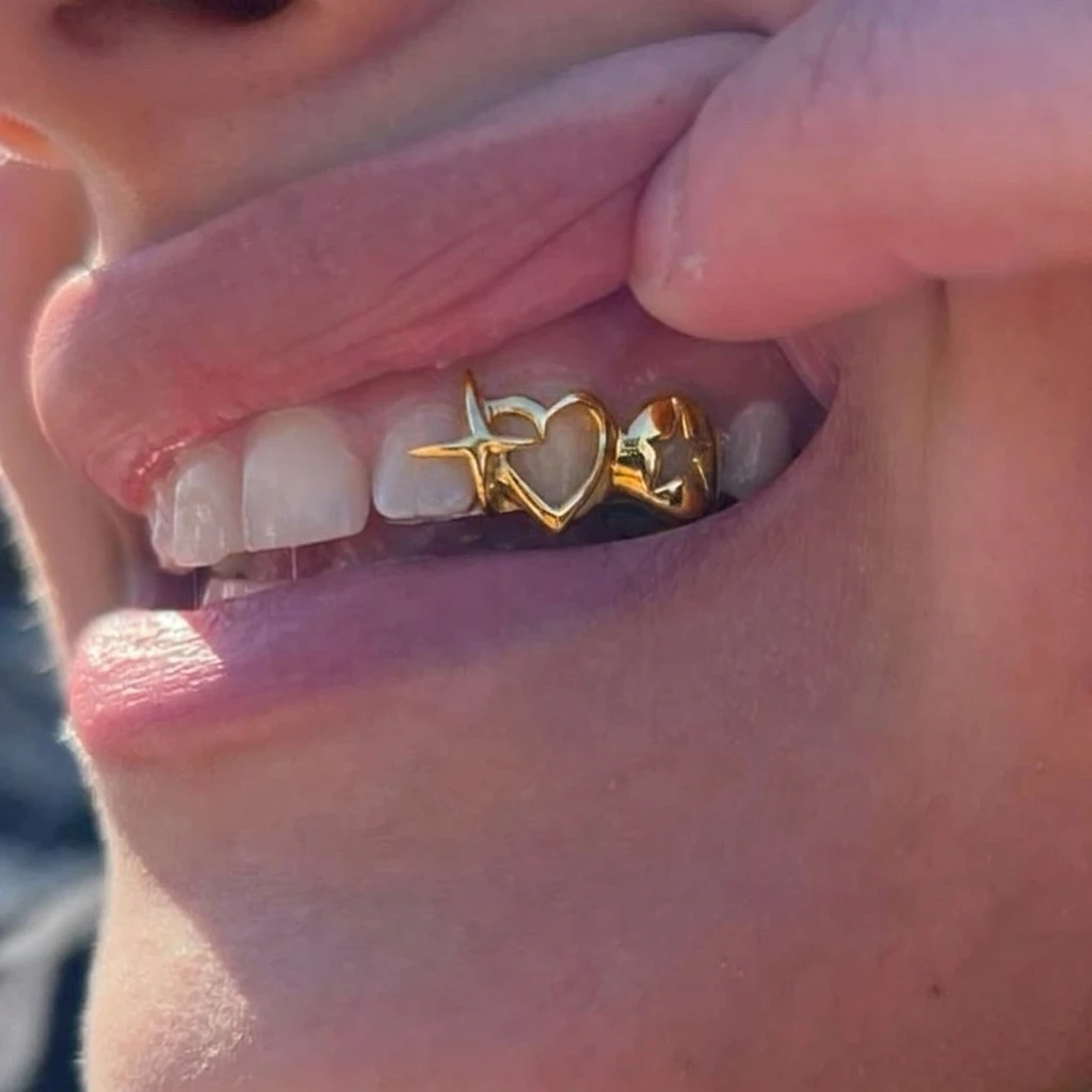 French Luxury Heart-Shaped Zircon Dual-Tone Dental Grills Women's Fashion Star Geometry Irregular Grillz Body Chain Jewelry Gift