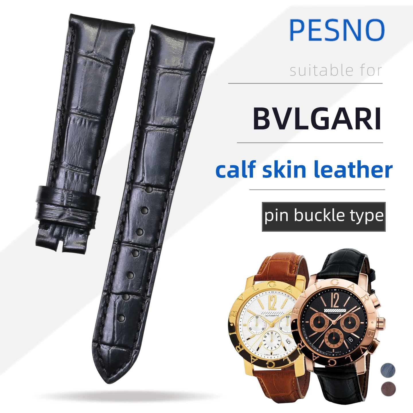 PESNO Suitable for BVLGARI BB42B Top Layer Men Genuine Calf Skin Leather 21x16mm Men Watch Bands Strap Accessories Black