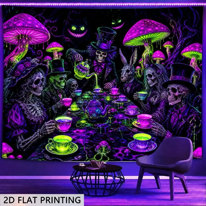 VIKAMA UV Blacklight Skeleton Tea Party Tapestry Purple Neon Mushroom Cat Wall Hanging Gothic Psychedelic Dorm Room Decor