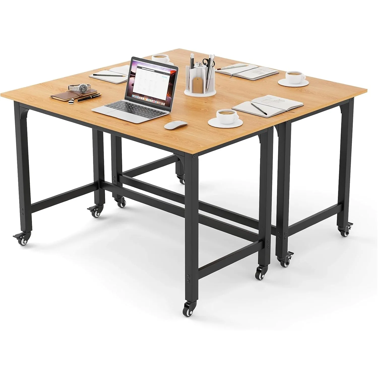 o*-Conference Room Table Set of 2, Mobile Computer Desk with Removable Storage Bag & 2 Hanging Hooks, Rolling Meeting,