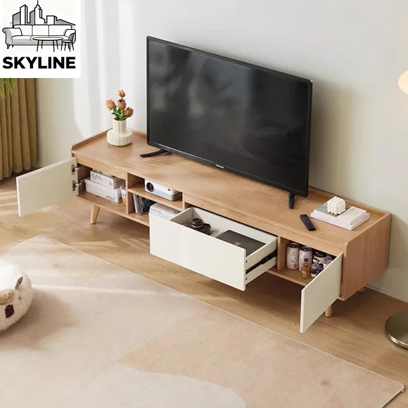 Nordic Wooden TV Cabinet with Drawer Storage, Multi-purpose Media Console Shelf for Speakers & Audio Devices