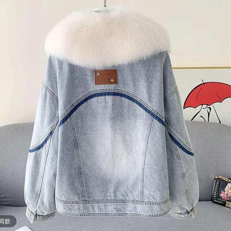 High-End Elegant Denim Goose Down Down Jacket For Women Oversized Fox Detachable Short Loose Thickened Warm Fashionable Coat