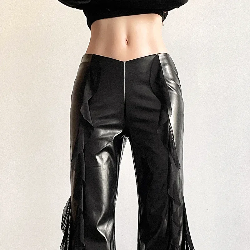 Streetwear Faux Pu Patchwork maille taille haute pantalon centre commercial gothique Zip femmes décontracté Flare pantalon Style Punk Alt bas