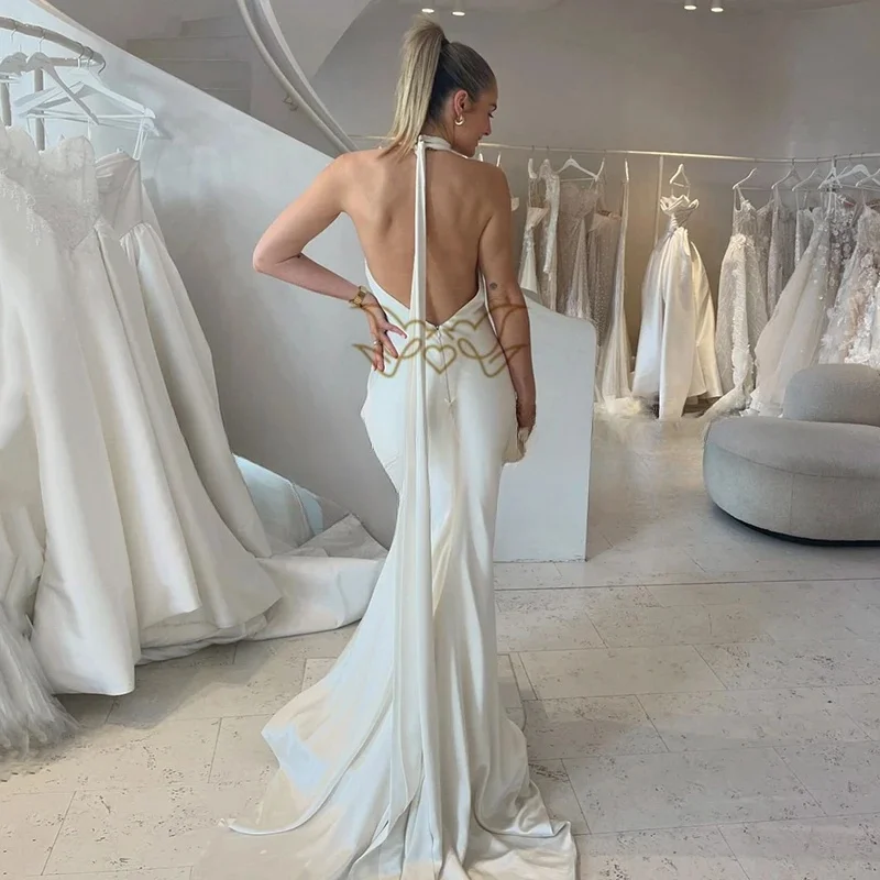 Vestidos de novia de satén con cuello Halter y espalda descubierta, traje de sirena blanco, personalizado, sencillo, 2025