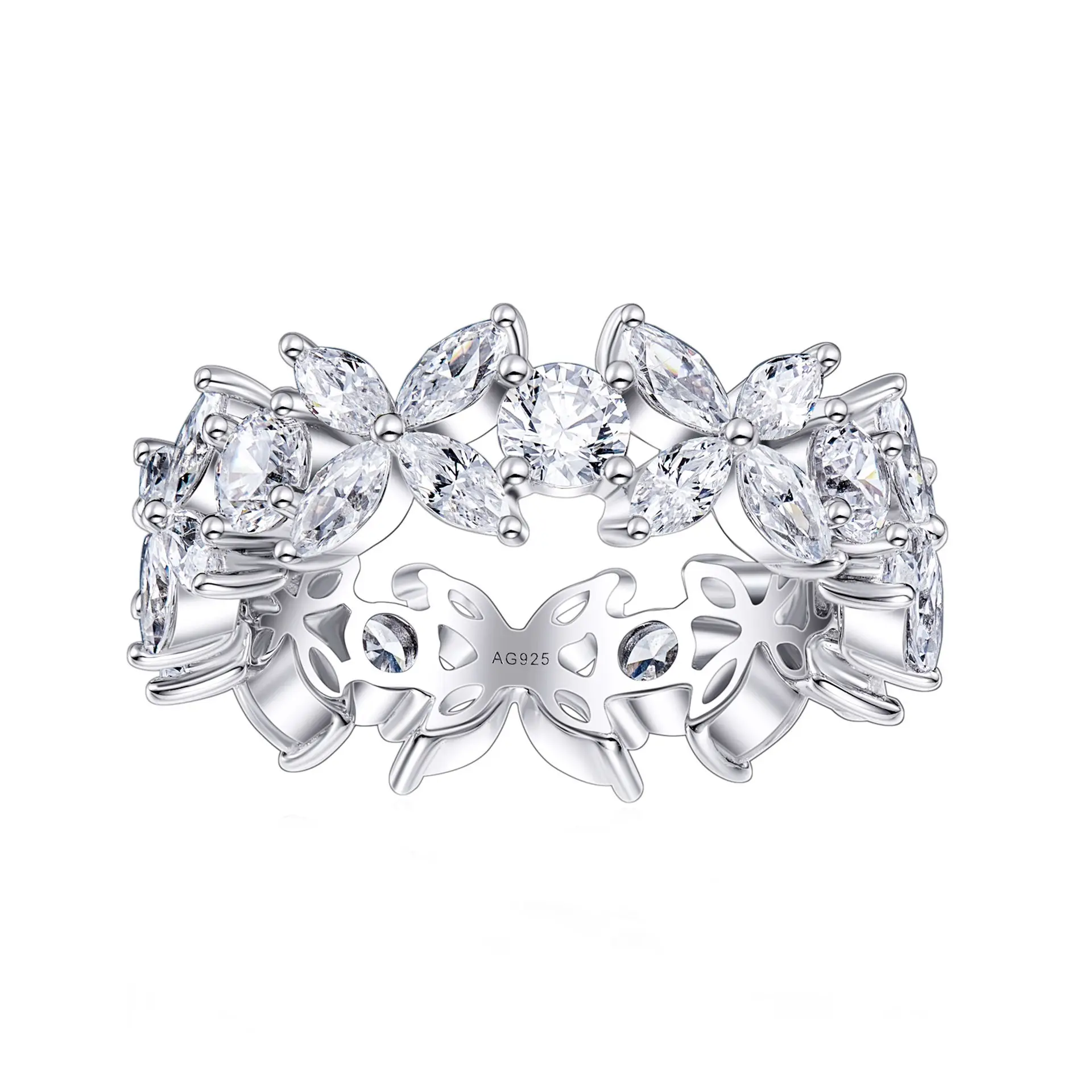 European And American 925 Silver Sterling Silver Victoria Four-leaf Clover Row Ring High Carbon Diamond High-end Design Versatil