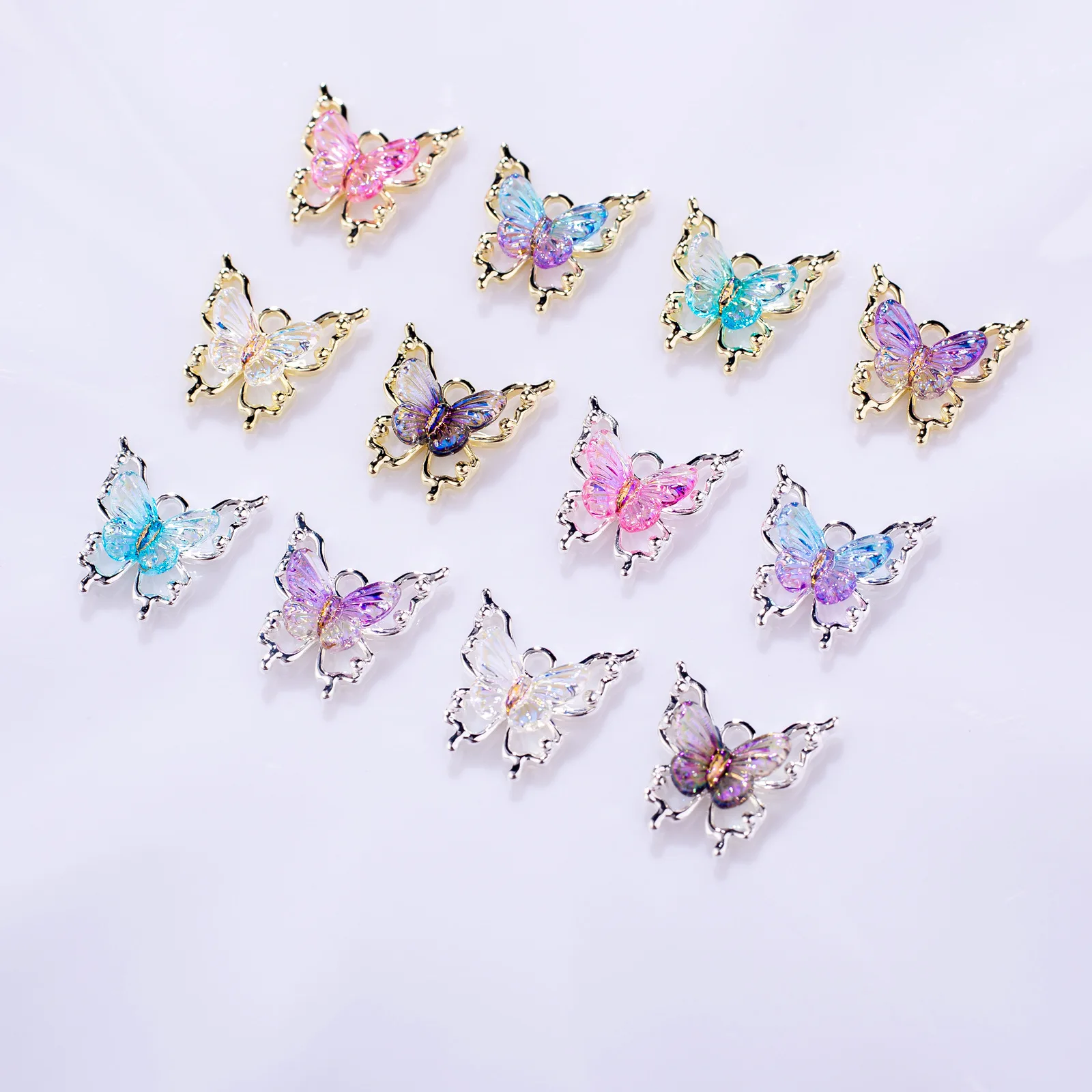 12 sztuk 15.5x16mm kolor gradientu motyl fantazyjne dżetów aluminiowe akcesoria do paznokci słodkie 3D DIY Manicure dekoracje