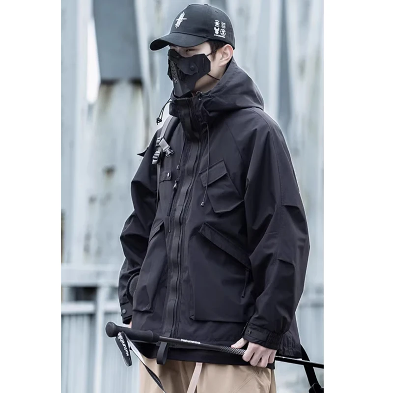 2025 Spring Tactical Jackets Windbreaker Mens Cargo Function Hooded Jacket Coats Outwear Techwear Multi Pocket Streetwear