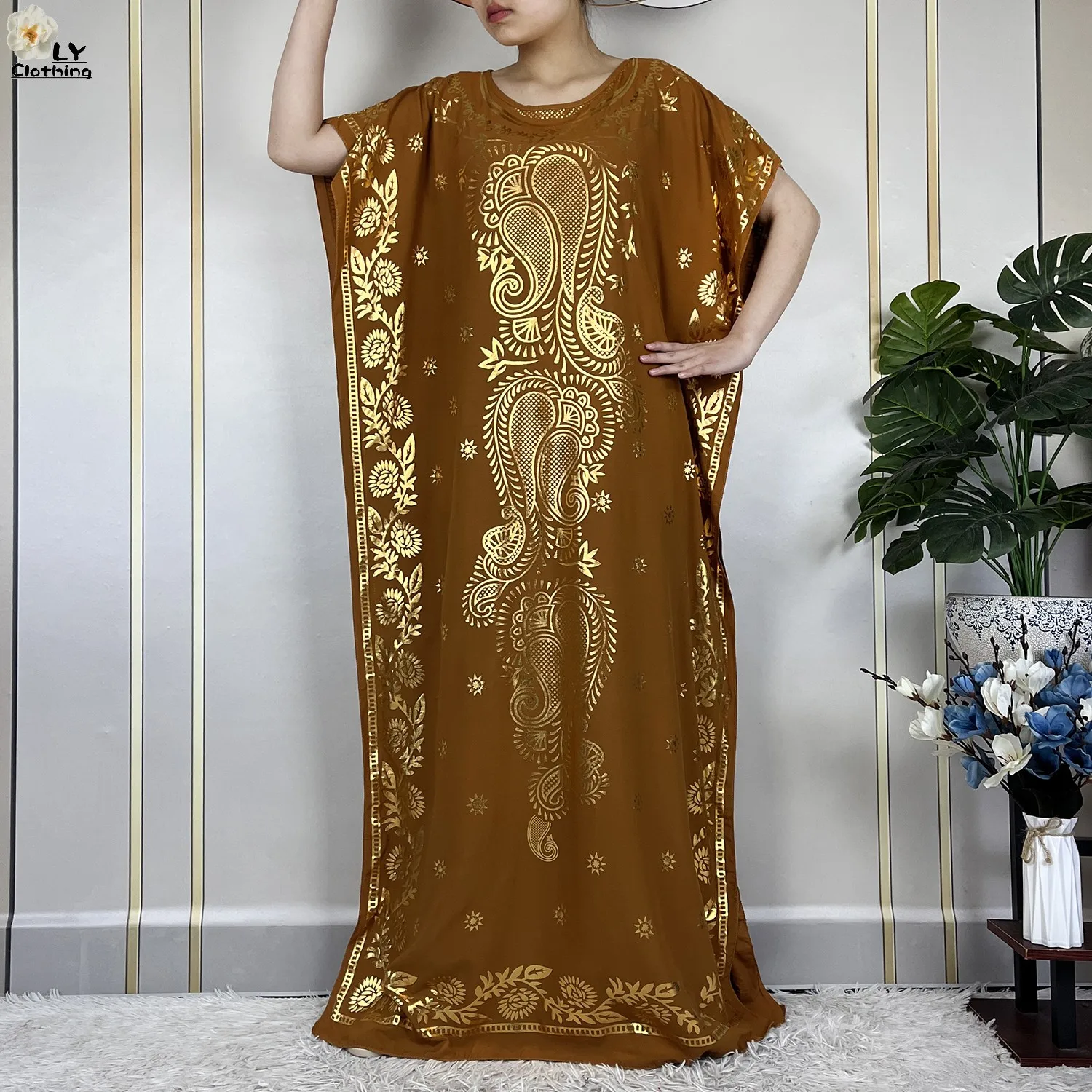 2024 New Summer Woman Short Sleeve Loose Dress Gold Stamping African Abaya Maxi Islam Women Femme Dress With Big Scarf Clothes