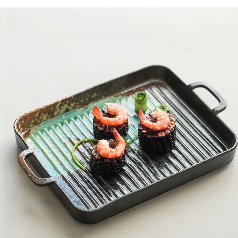 Household baking pan ceramic dinner plate retro oven special binaural bakeware tableware rectangular