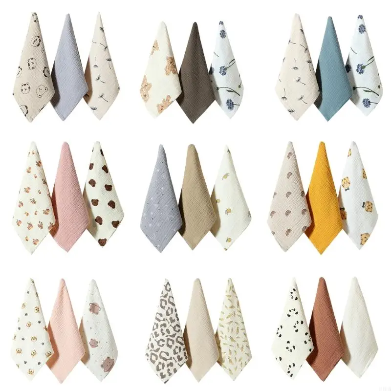 F1CB Towel Soft Burp Cloth Breathable Toddler Wash Cloth Square Towel Drooling Bib Facecloth with Hanging-Hook 3PCS