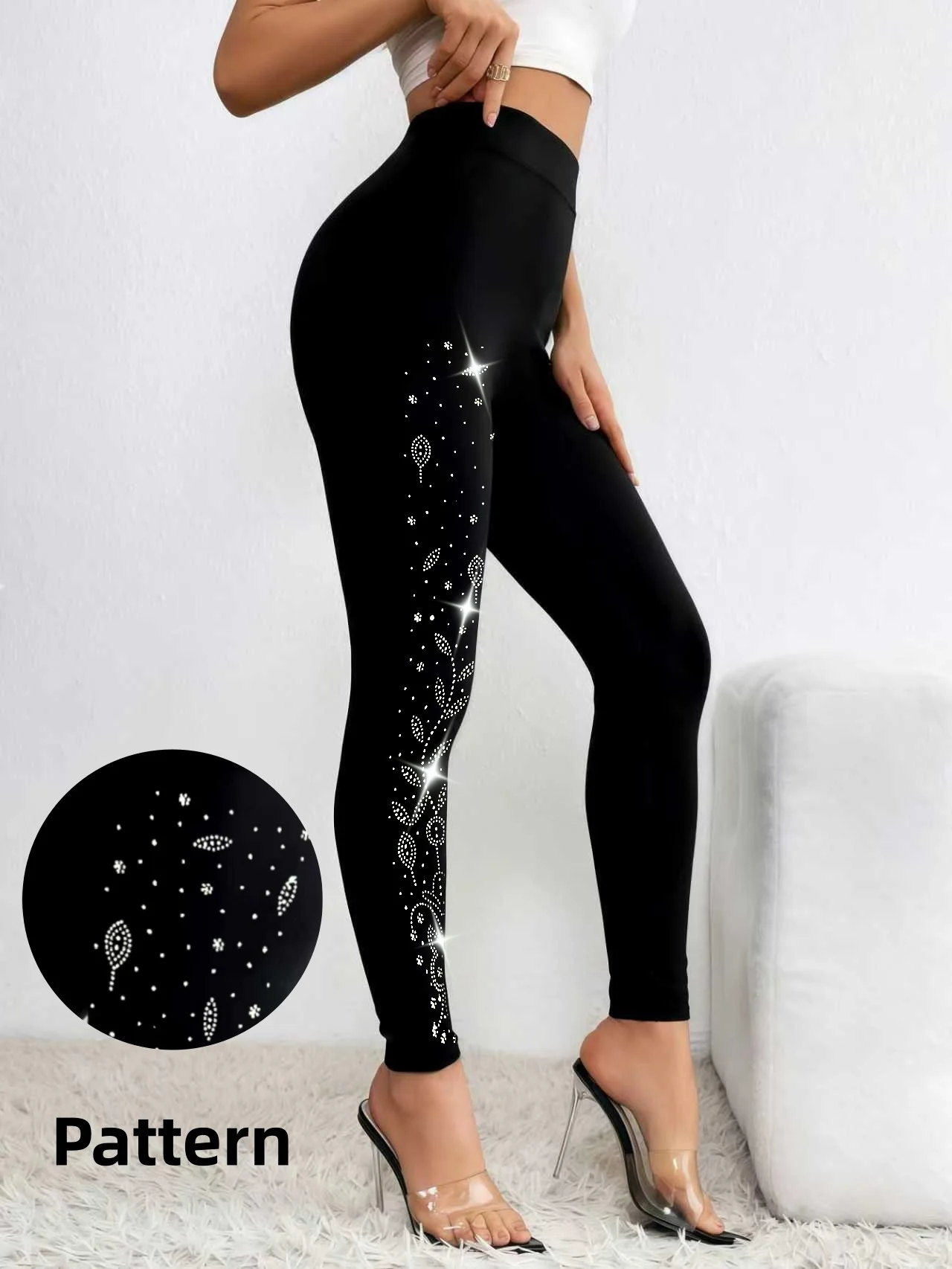 Women's Flower Hot Drilling Leggings Shiny Rhinestone High Waist Stretchy Slim Match Nine Point Pants For Shopping Wear