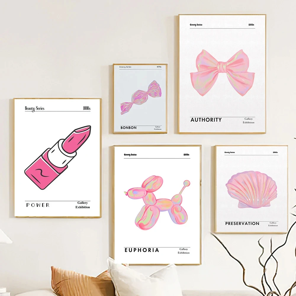 Aesthetic Poster Print Balloon Dog Art Wall Canvas Painting Teenage Girl Room Pink Bow Tie Dice Lipstick Bags Room Home Decor