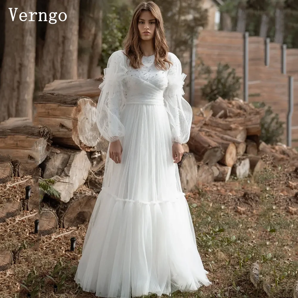 

Verngo lvory Tulle Evening Dress Elegant Pearls Full Sleeves A Line Prom Gowns Women Modest Formal Dress Women Customized
