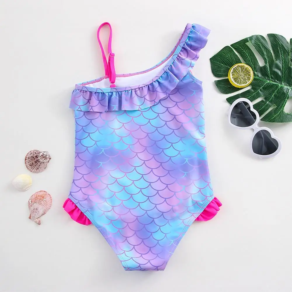 Cartoon Dog Print Baby Girl Mermaid Fish Scale Swimsuit One-Piece Swimwear Toddler Vacation Bathing Suit Beach Outfit Aged 4-12