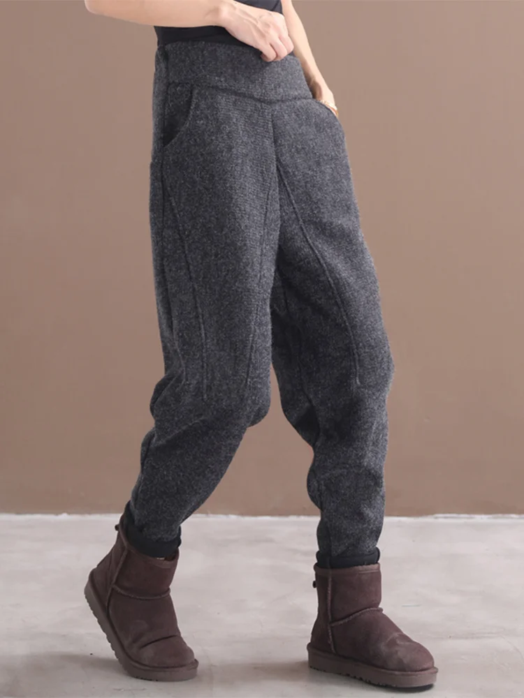 Spodnie Harlan z szerokimi nogawkami, ocieplane, damskie, zimowe, dzianinowe, z wysokim stanem, mieszanka bawełny, ciepłe okrycie wierzchnie.