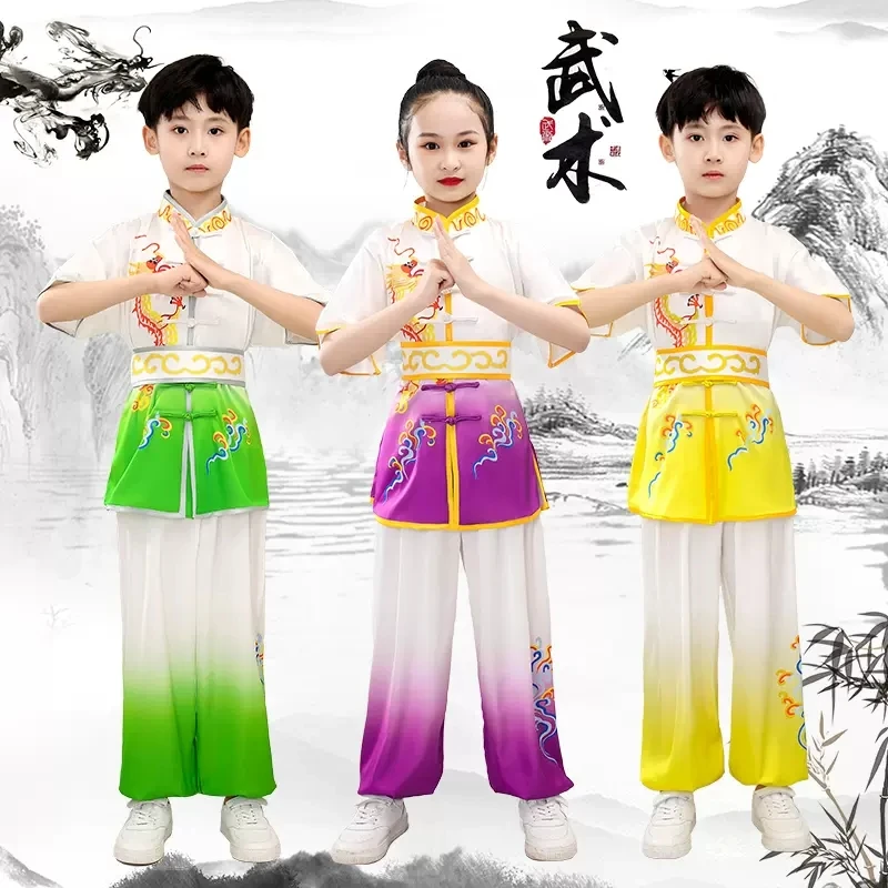 2024 pakaian wushu tradisional Cina untuk anak-anak seragam seni bela diri setelan kung fu naga cetak kostum penampilan panggung set