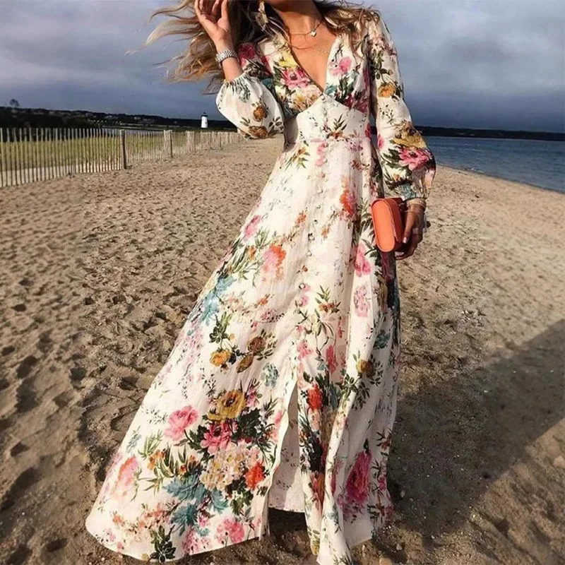 Vintage Bohemian Floral Printed Pleat Long Dress Casual V Neck High Waist Pullover Dress Elegant Lantern Long Sleeve Party Dress