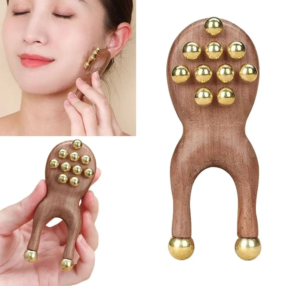 

12 Copper Beads Guasha Face Massager Tool Antistatic Fascia Lifting Meridian Comb Wooden Handle Frog Shape Wood Gua Sha Tool