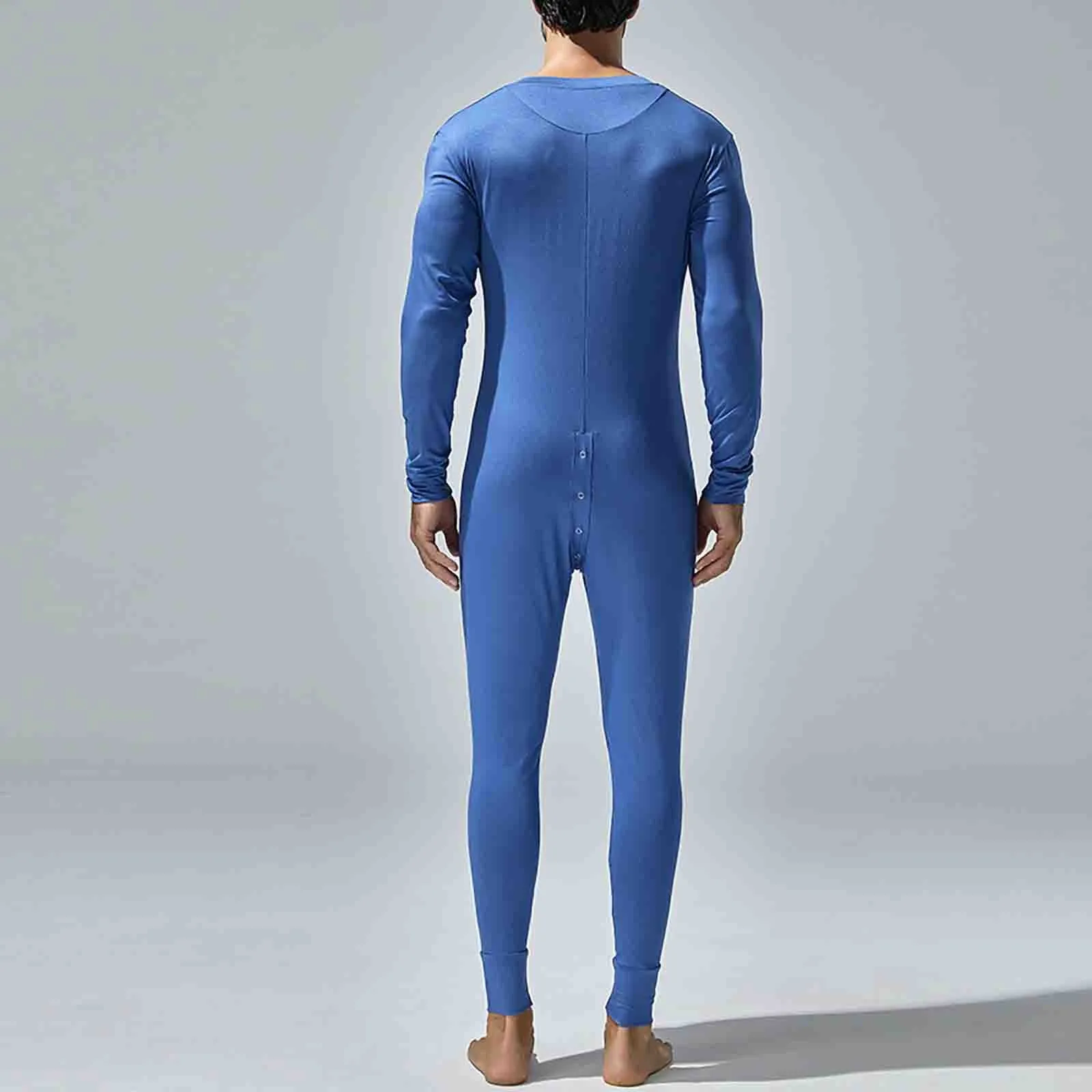 Single Breasted Men Onesie Spring Autumn Tight Jumpsuit Pajamas Long Sleeve Solid Color Button Slim Fit Bodysuit Nightwear