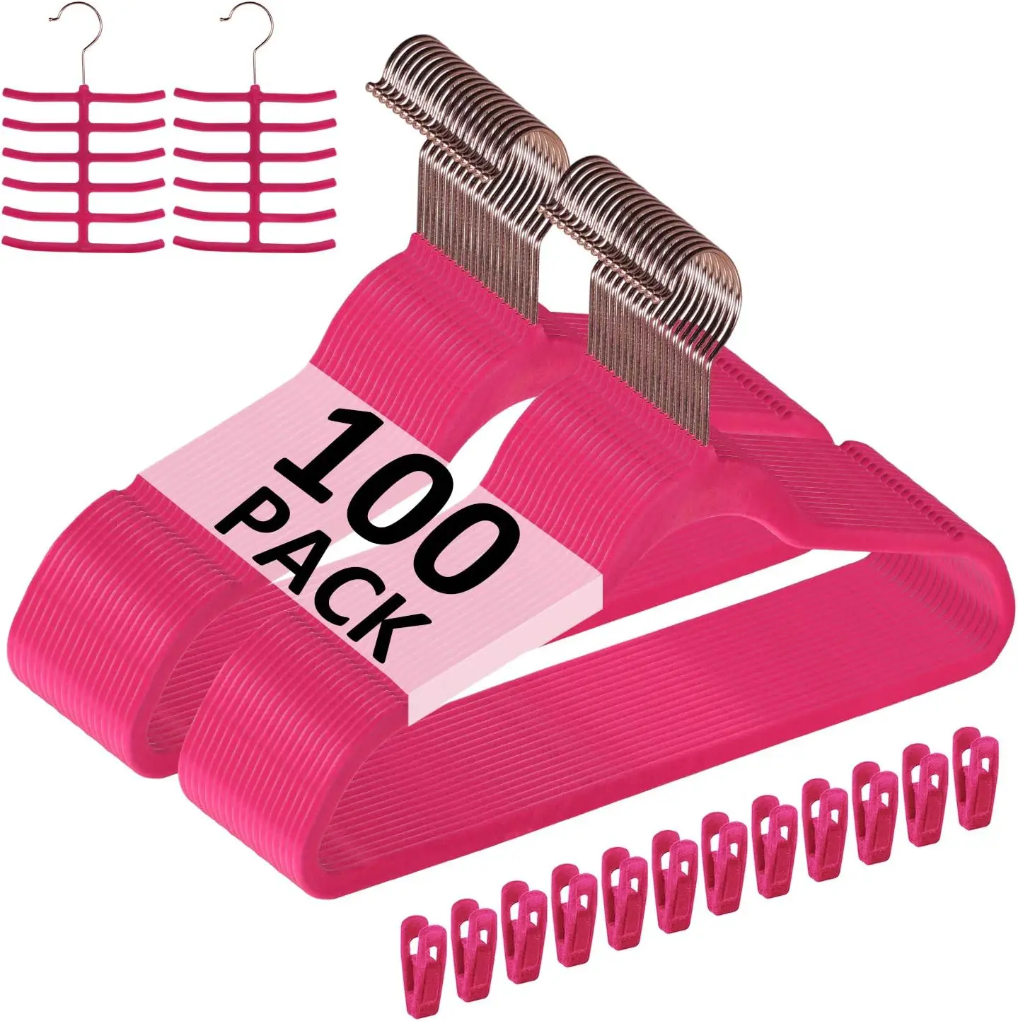 Premium Velvet Clothes Hangers Suit Heavy Duty (100 Pack)Non Slip & Space-Saving with 12 Finger Clips & 2Tie Rack Excellent,Rose