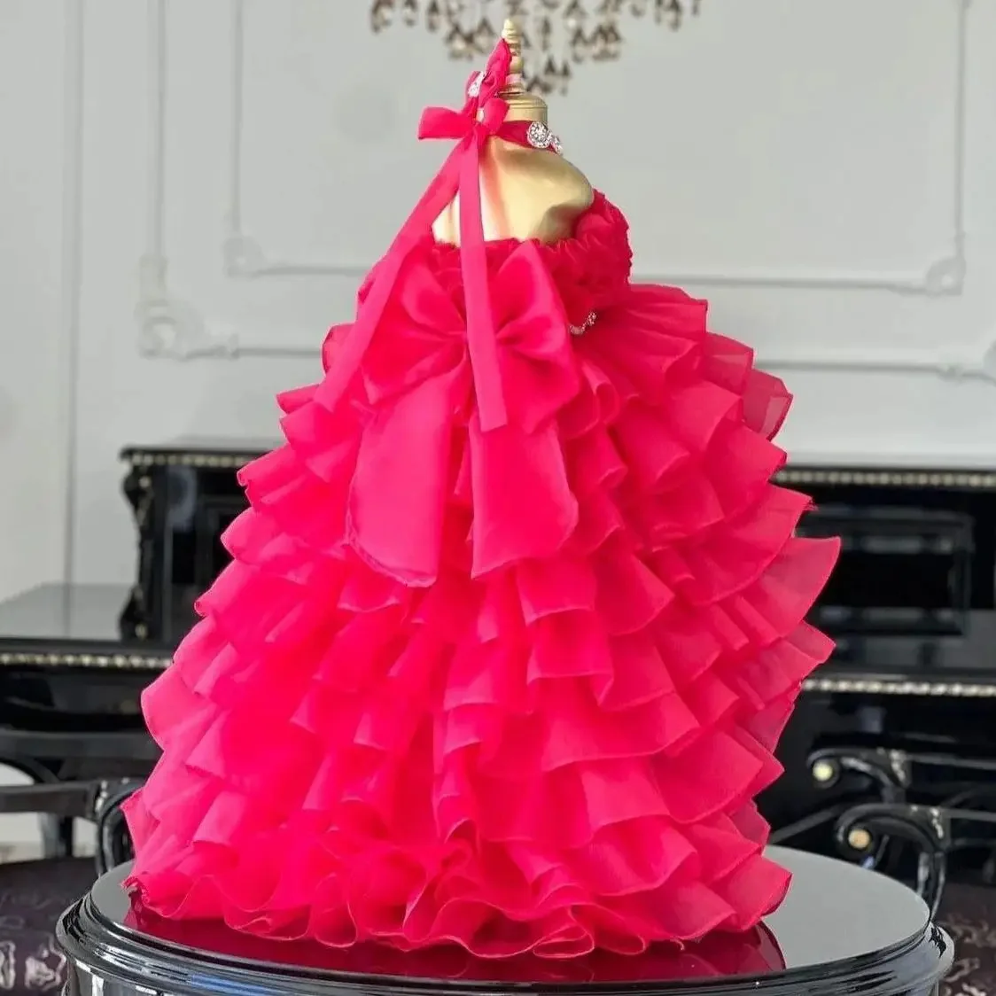 

Customized Hot Pink Flower Girl Dress For Wedding Tiered Tulle Shiny Diamond High Collar Kids Birthday Evening Pageant Ball Gown