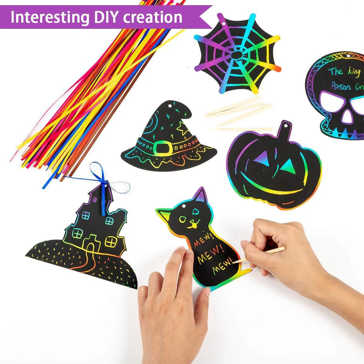 

48/96pc Halloween Scratch Art Paper Magic Painting Paper with Drawing Stick For Kids Toy Party Favor school Stationery Gift Pack