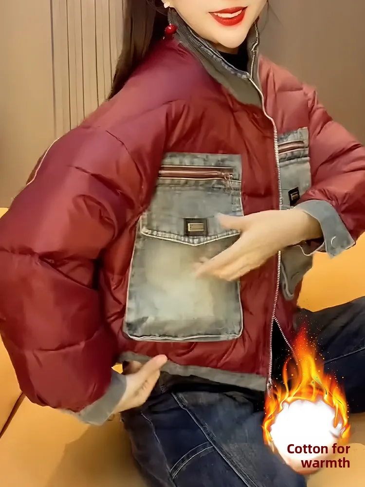 Damen Thiened Fce Denim Daunen Jaet Korean Sle Loose Fit Winter Oberbekleidung Farbe Blo Splicing Faionable Mantel