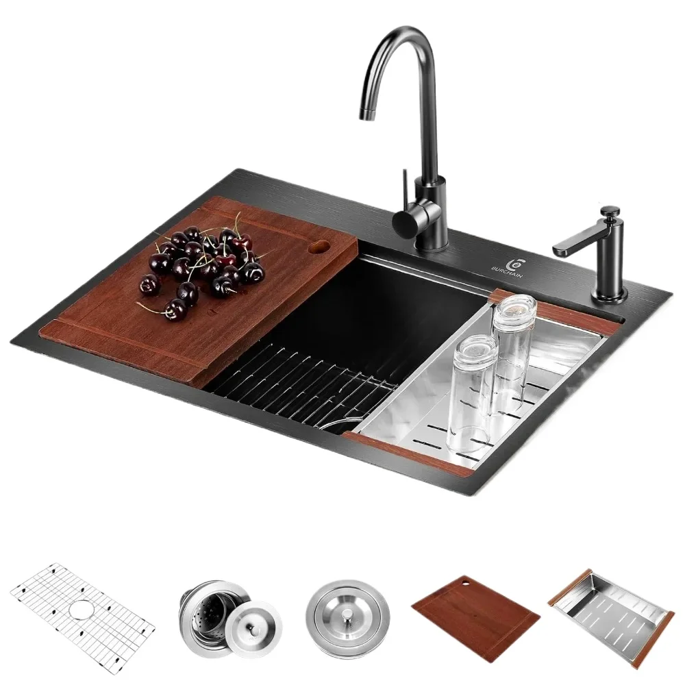 

30 inch kitchen sink, single bowl workstation sink, 2 inch top mount with 5 acce
