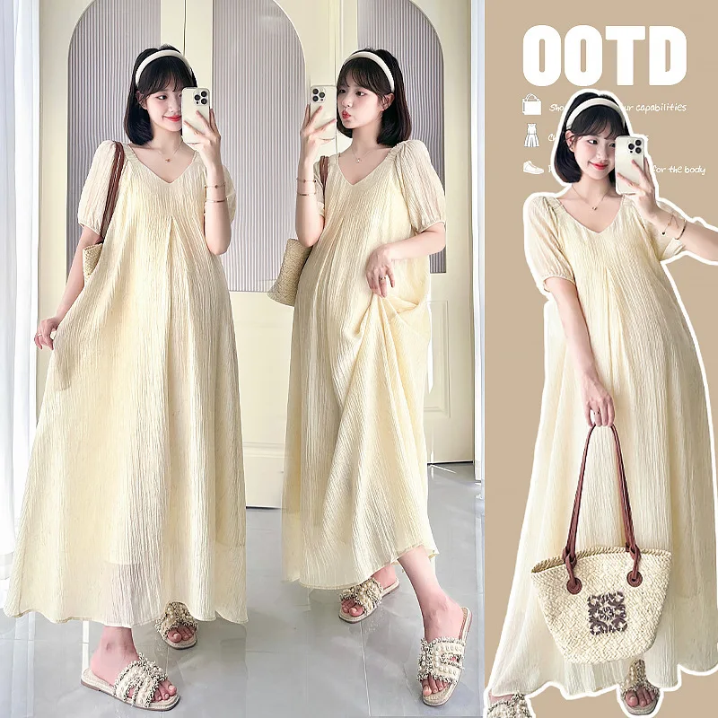 

Летнее платье для беременных 2025 года — плиссированное платье макси из тенселя с v-образным вырезом и пышными рукавами для беременных, для похудения и дышащее