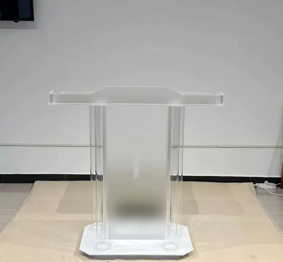 Stylish LED Acrylic Church Podium Clear Acrylicwith Rollers and Vertical Reading Platform for Church Entrance Classroom