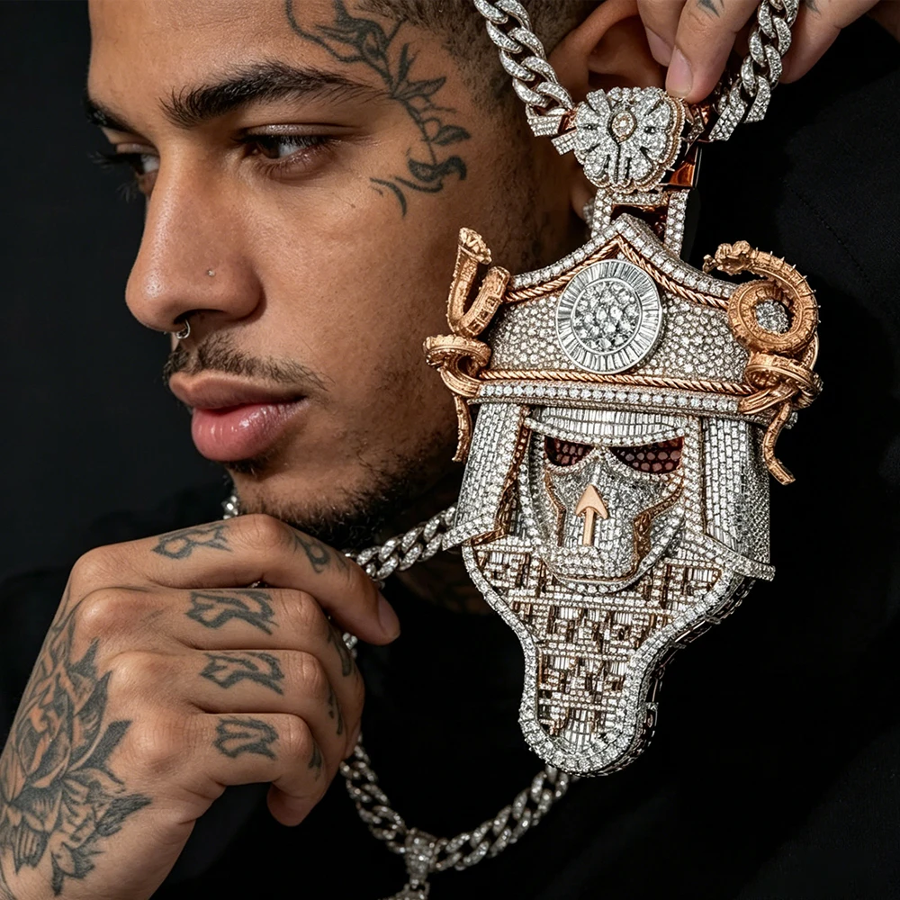 Iced Out Skull Pendant 18K Gold Plated Cubic Zirconia Hip Hop Necklace Accessories for Men Warrior Kabuto Helmet Design With Coiled Snake Upward Arrow Charm Bling Accessory Rapper Streetwear Party Daily Wear Luxury Gothic Fine Jewelry Gift For Him Husband