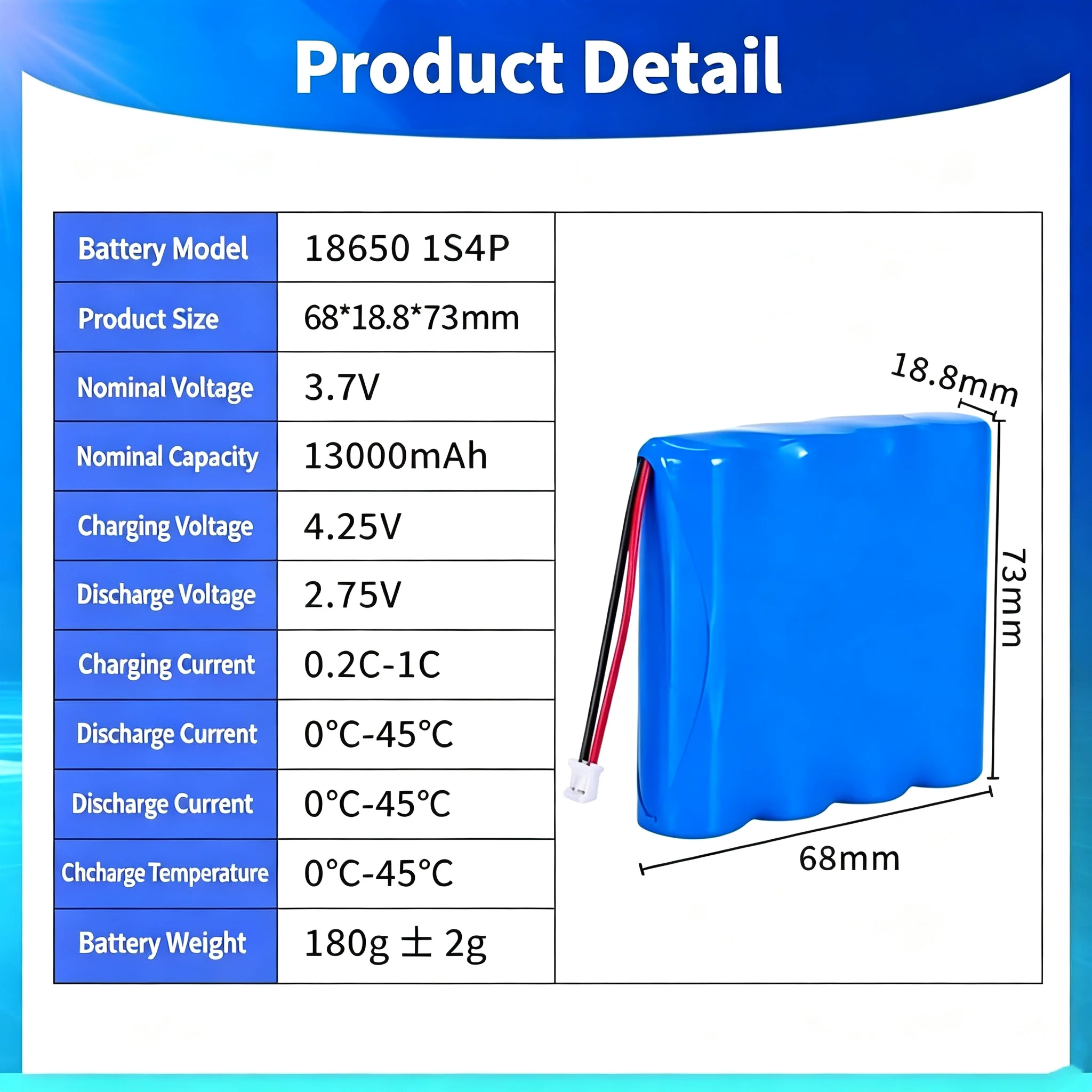 3.7v 13000mah 18650 Lithium Batteries + XH2.54 Plug for Solar Light LED Bluetooth Speaker RC Batteries Rechargeable