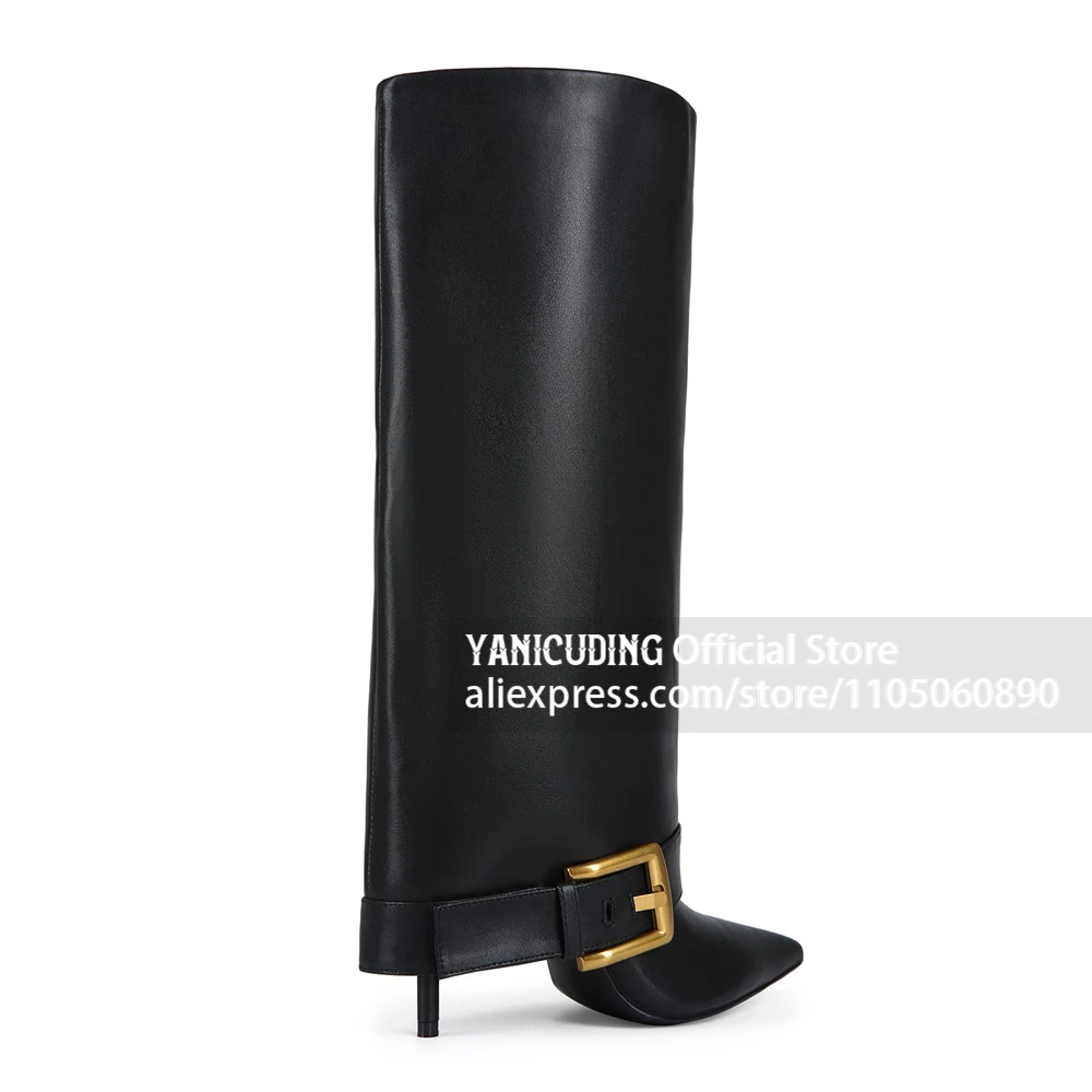 Botas altas de cuero PU plegables con hebilla metálica dorada cuadrada grande, botas de caña ancha con tacón de aguja para mujer, personalizadas