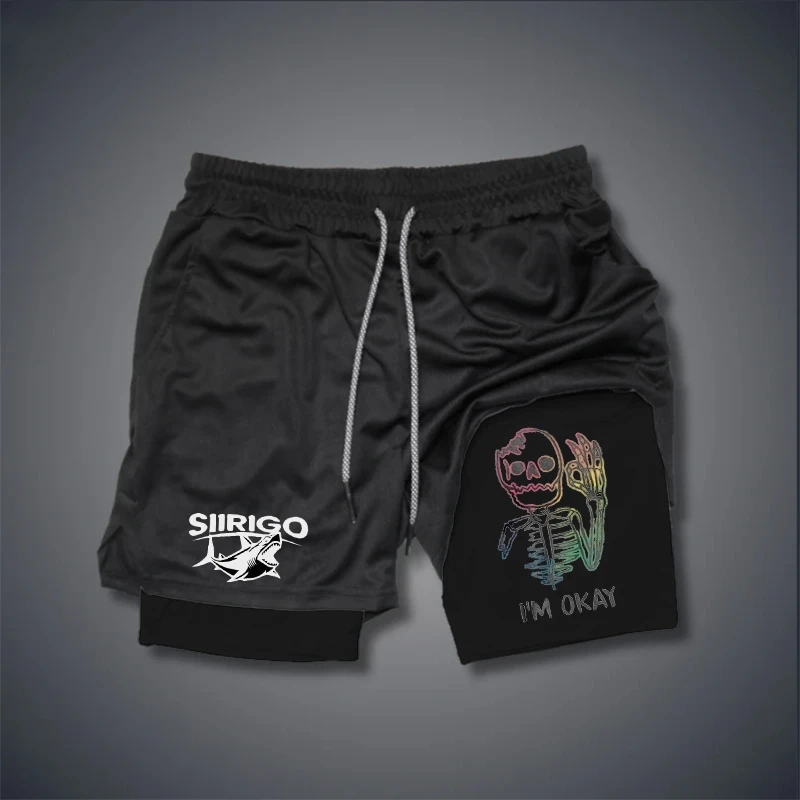 2024 European and American Style Skull Printed Double Layered Shorts, Sports Casual Quick Drying Sports Shorts Beach Shorts