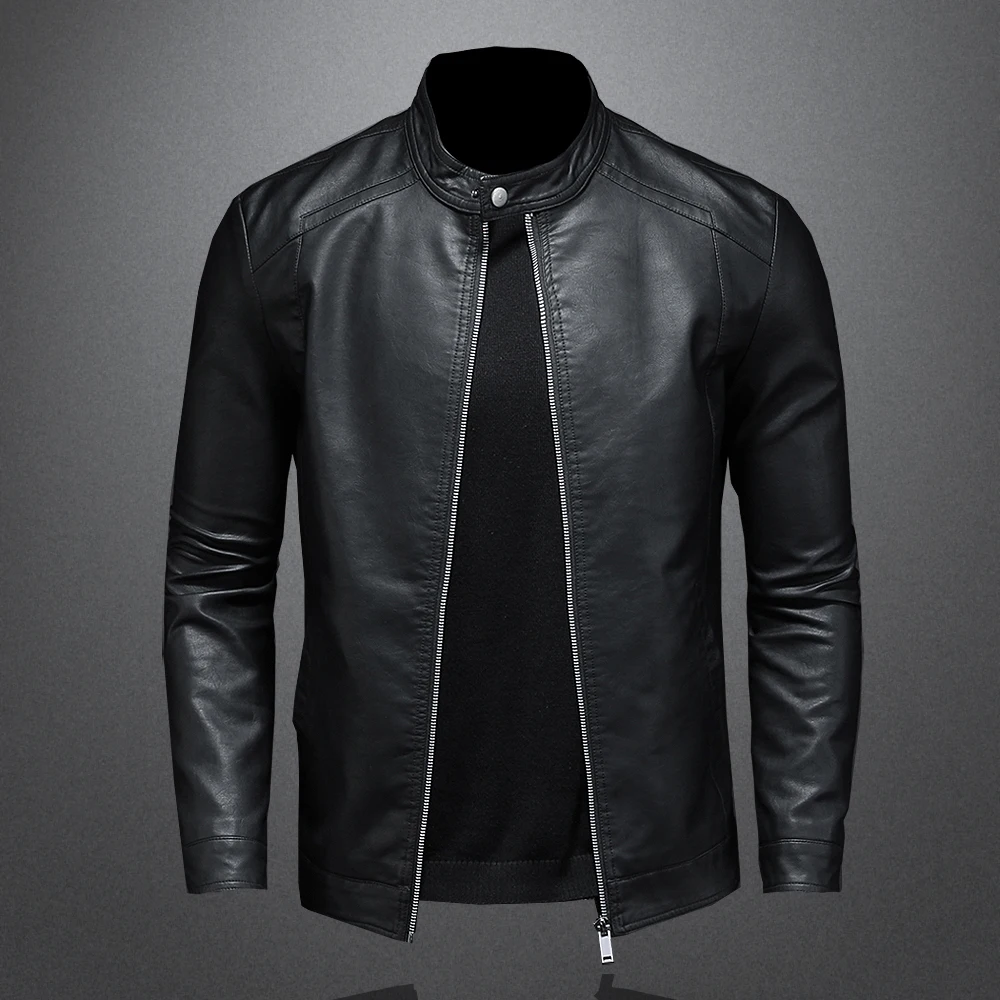 

Fashion Slim Motorcycle Leather Jacket Men Stand Collar Pu Leather Jackets Solid Color Causal Mens Moto Biker Suede Outerwear