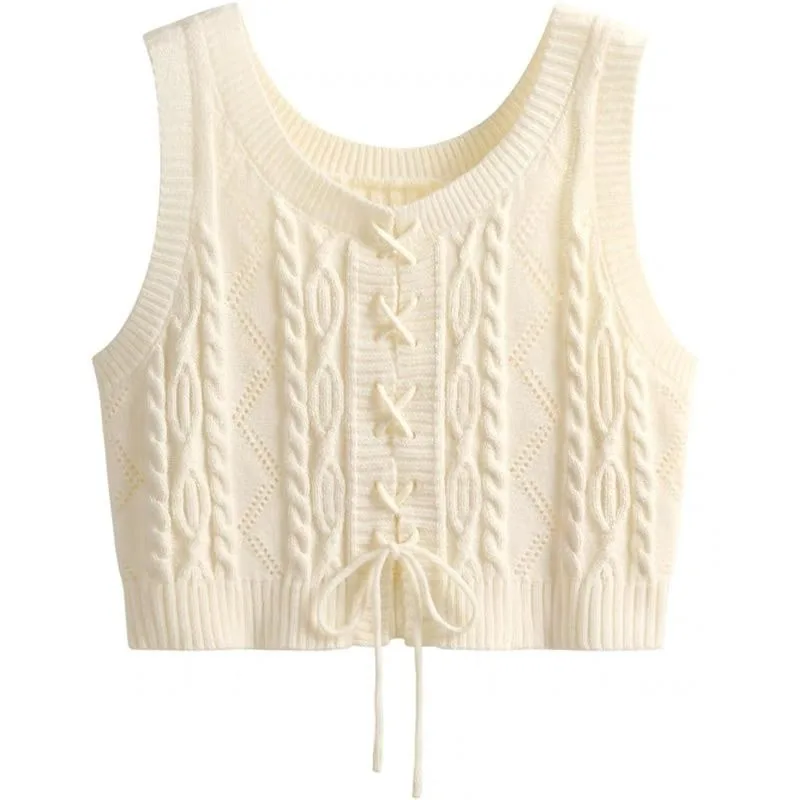 A Lace-up Vest Sweet Stylish Choice Women Spring and Autumn Paired Short Waist-cinching Versatile Braided Sleeveless Knitted Top