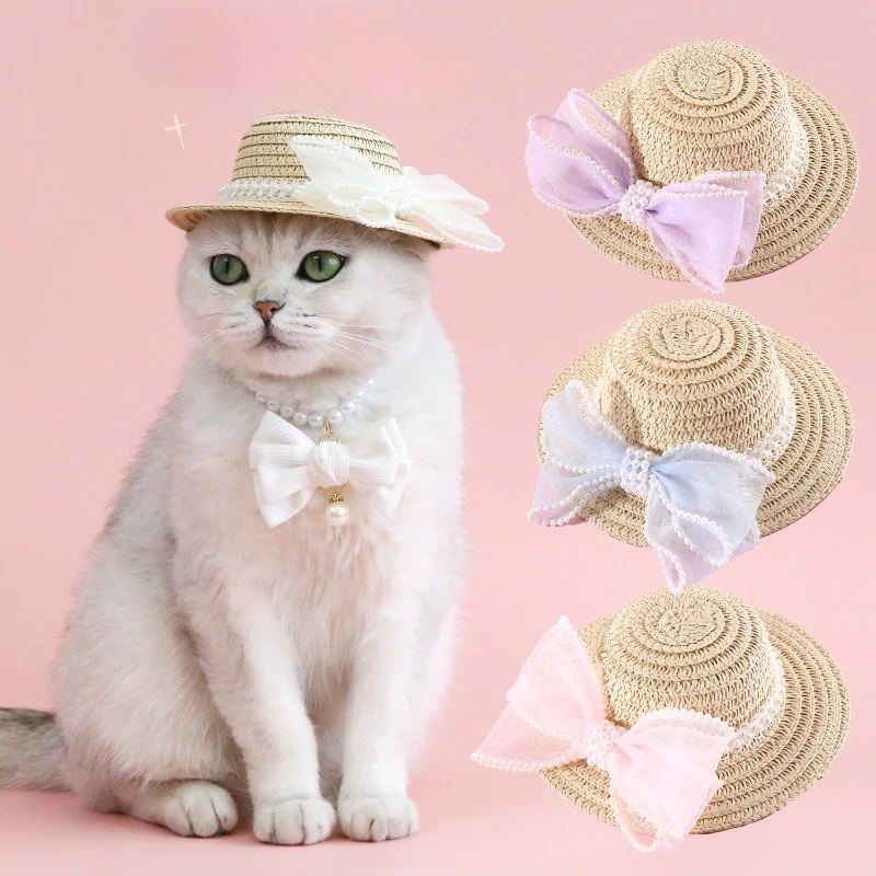 Elegant Pet Woven Straw Hat for Cat Sun Hat Lace Ribbon Bowknot Straw Hat for Small Dog and Cats Beach Party Costume Accessories