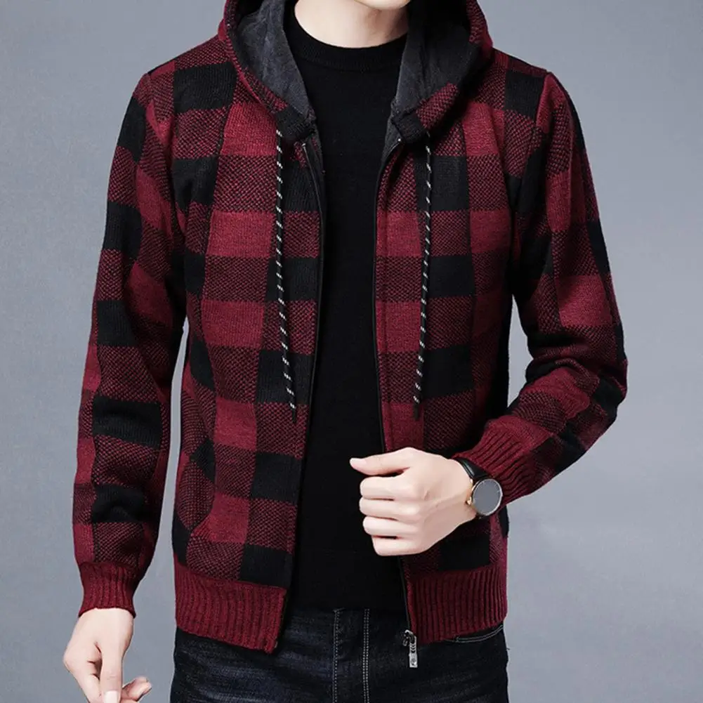 

Men's Winter Cardigan Plaid Print Hooded Drawstring Mid-length Jacket With Thick Knit Long-sleeved Zipper Coat