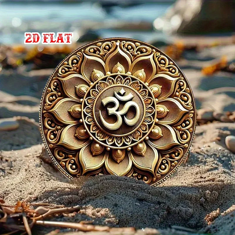 مسطح ذهبي-أصفر ثنائي الأبعاد، قطعة واحدة من ديكور الحائط المعدني برمز Om (أوم) - لوحة ألومنيوم مستديرة مسطحة للمنزل، استوديو اليوغا، غرفة التأمل،