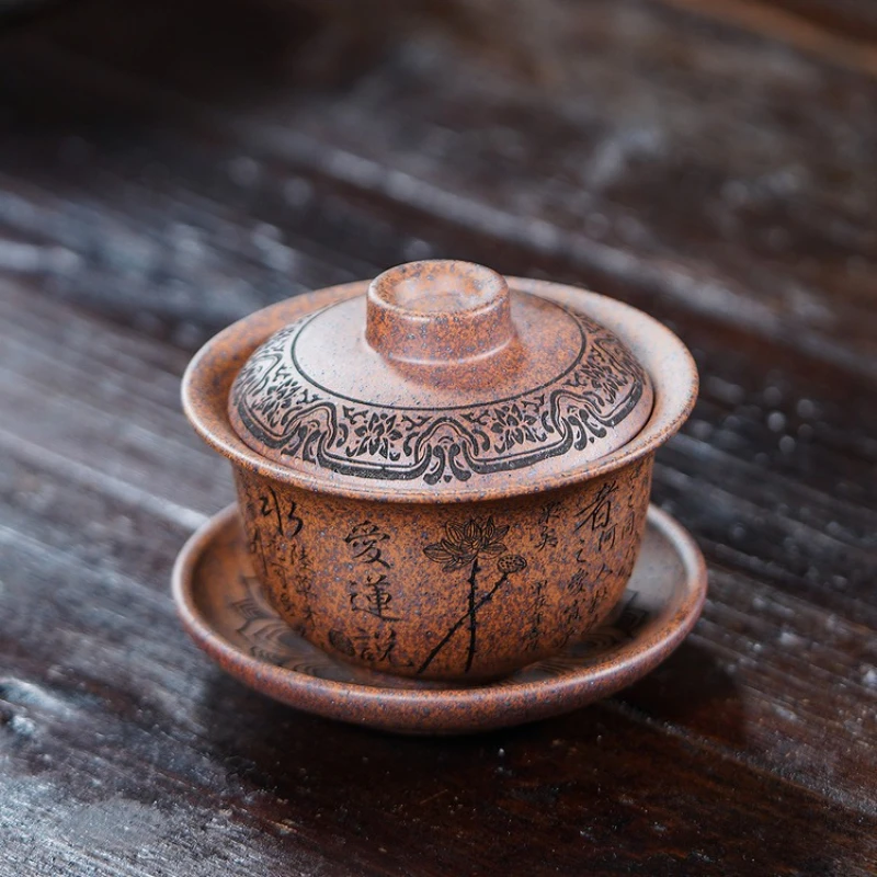 Hand Painted Gaiwan Qing Grey Clay Kung Fu Tea Set for Home Tea Room Drink Water Ceremony Brew Gongfu Style Ware Art