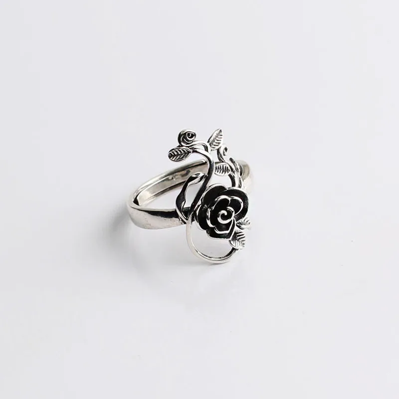 BF CLUB  Silver Color Black Rose Ring For Women Fine Jewelry Finger Adjustable Open Vintage Ring For Party Birthday Gift