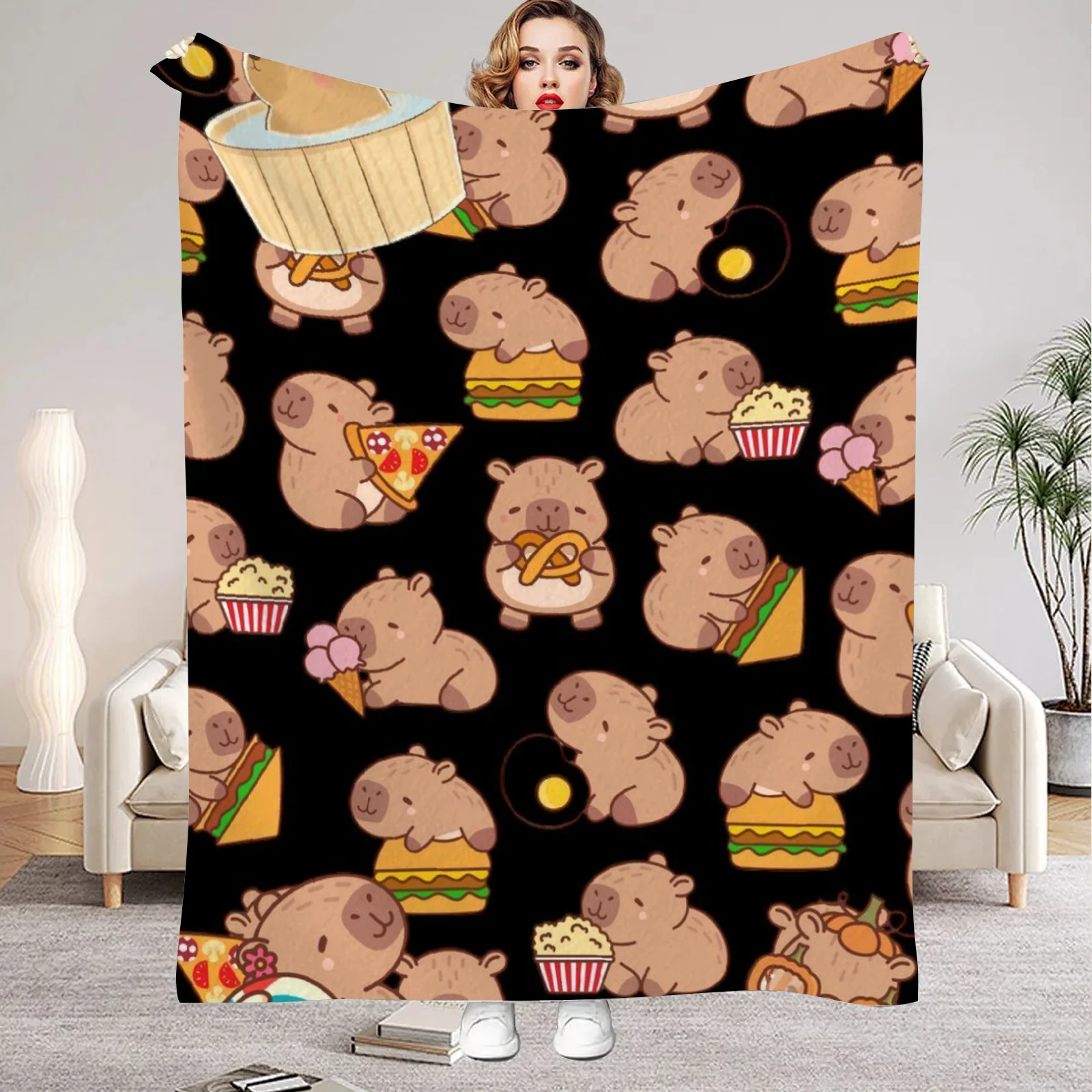 1Pc Digital Printed Capybara Style Flannel Blanket Mattress Cover Blanket for Family Beds,Sofas,Offices,Outdoor Camping