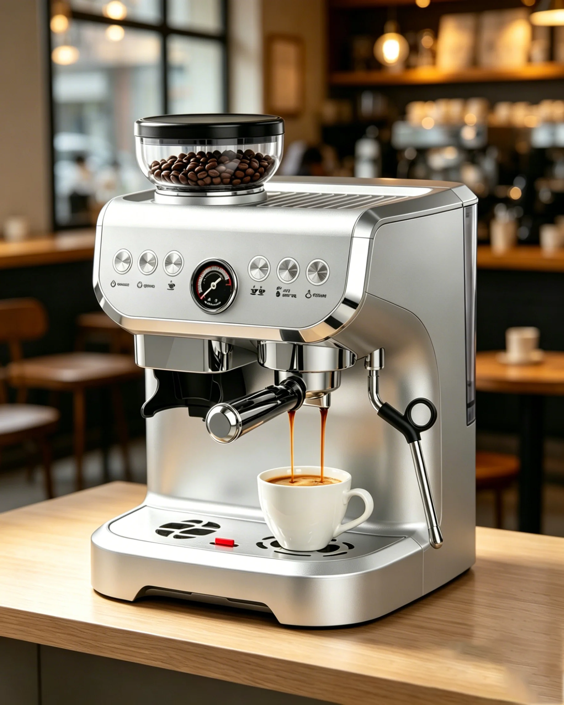 Semi-automatic espresso machine with adjustable grinder and frother, with hot water system to brew coffee beans directly into co